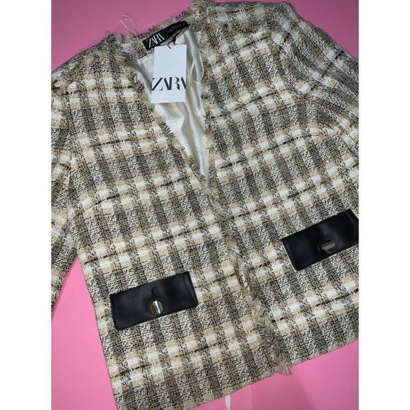 NWT Zara Tweed Jacket Blazer M BEIGE BLACK cream brown leather pockets PLAID - Picture 2 of 4